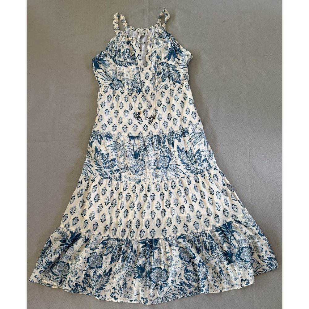 Calypso St. Barth XS Maxi Tiered Blue Floral Summer Cotton Dress Boho Coastal